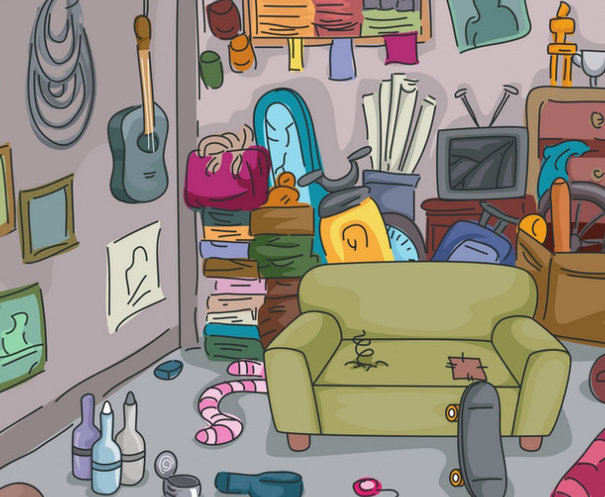cartoon of messy and cluttered room in a rental house